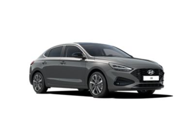 Cut-out of the Hyundai i30 Fastback in grey, front view on white background.