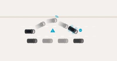 Illustration of the Multi-Collision Braking function showing a car driving around a blue triangle. 