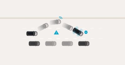 Illustration de la fonction de freinage multi-collision montrant une voiture contournant un triangle bleu. 