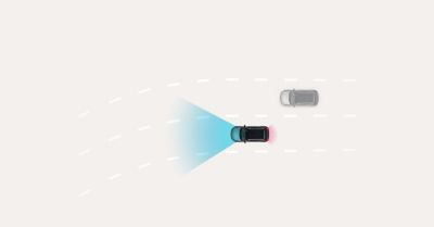 Ilustrácia Inteligentného tempomatu s prispôsobením rýchlosti zobrazuje auto pri prejazde zákrutou. 