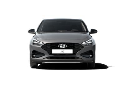 Cut-out of the Hyundai i30 Fastback in grey, front view on white background.