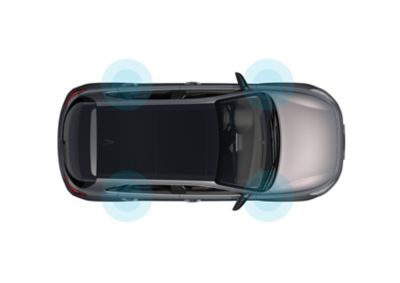 Pohľad zhora na model i30 Fastback so štyrmi modrými polkruhmi znázorňujúcimi bezpečnostné prvky.