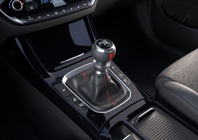 The stylish glossy black centre console of Hyundai i30 N Line.