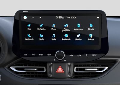 The 10.25” multimedia touchscreen display showing its numerous function icons, above two air vents.