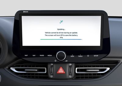 The i30's 10.25” multimedia touchscreen showing an Over The Air (OTA) update in progress.
