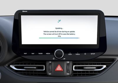  The i30's 10.25” multimedia touchscreen showing an Over The Air (OTA) update in progress.