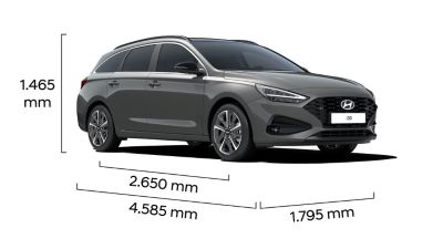 Pohľad zozadu a zboku na Hyundai i30 s rozmermi karosérie.