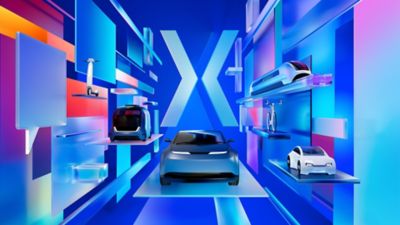 Futuristic scene with various transport modes—scooter, pod, car, train, and bike—set against a blue-pink abstract background with an 'X' symbol.