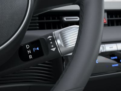 The column type shift-by-wire on the steering wheel of the Hyundai IONIQ 5 electric midsize CUV.