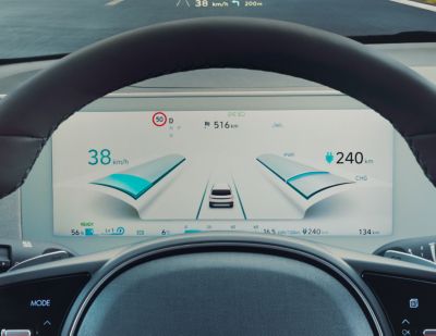 The fully digital 12.25” cluster display inside of the Hyundai IONIQ 5 electric midsize CUV.