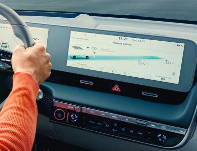 	The 12.25” infotainment touchscreen inside of the Hyundai IONIQ 5 electric midsize CUV.