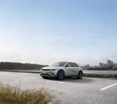 Hyundai IONIQ 5 parked with background of the skyline.