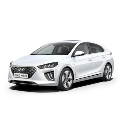 The Hyundai IONIQ Hybrid shown from the side and front.	