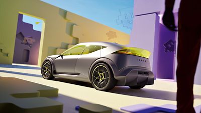 Hyundai Concept THREE with yellow-tinted windows in a pastel-toned, abstract setting, featuring sleek lines .