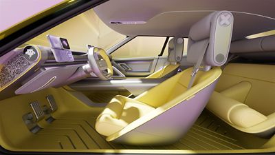 Interior of Hyundai Concept THREE showing a futuristic steering wheel with digital displays and mood selection interface.