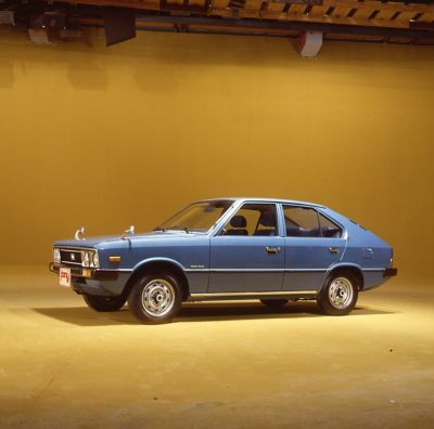 the original Hyundai Pony displayed at a motorshow