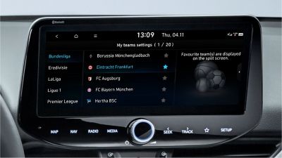A Hyundai centre touch screen displaying the My teams setting, where you can select up to 20 of favourite teams.