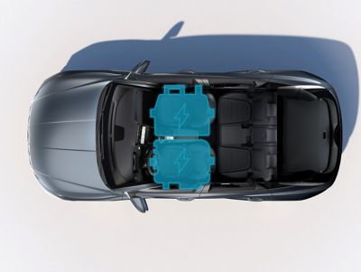 Visione dall’alto di Hyundai TUCSON con evidenziata la posizione della batteria sotto i sedili