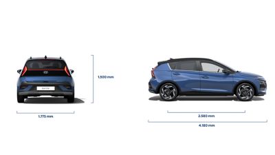 Quattro piccole immagini di Hyundai BAYON con le sue misure