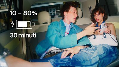 Icona della batteria in ricarica sull’immagine di un uomo e di una donna sui sedili posteriori di Hyundai INSTER