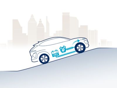 De interne technologie van de Hyundai KONA is afgebeeld op een tekening van de auto die een heuvel beklimt. 