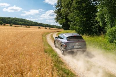 IONIQ 9 projíždějící po okresní cestě.