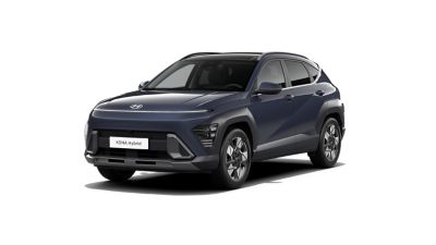 Hyundai KONA Hybrid SUV, framifrån i sned vinkel, mörkblå.