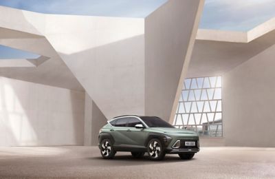 Front view of the new Hyundai Kona Hybrid with its robust SUV signature and unique style