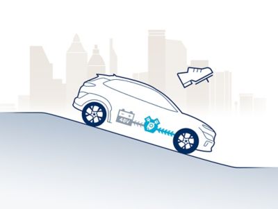 Illustration of the Hyundai TUCSON showing the recuperation of the 48V mild hybrid system.