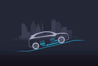 Il funzionamento parallelo del motore elettrico e del motore a benzina nel SUV compatto Nuova Hyundai KONA Hybrid.