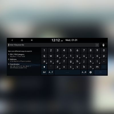 Capture d’écran du système de navigation Hyundai, avec clavier et champ de saisie.