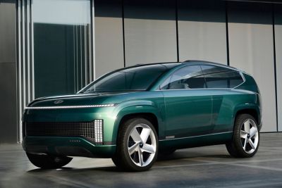 Close up of a Hyundai NEXO Fuel Cell Electric Car being fueled with hydrogen.