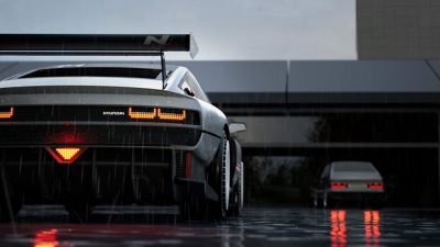Hyundai N Vision 74 og Hyundai Pony Coupé med bremselysene på. Foto.