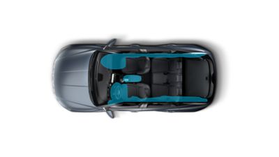 Birds-eye picture of the Hyundai TUCSON Plug-in Hybrid highlighting the seven-airbag system. 