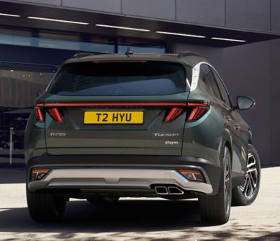 The hatchback with the Hyundai logo at the back of the Hyundai TUCSON Plug-in.