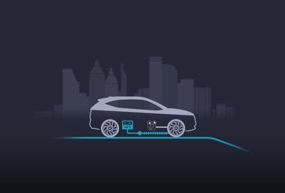 De elektromotor of de benzinemotor drijft de auto aan.