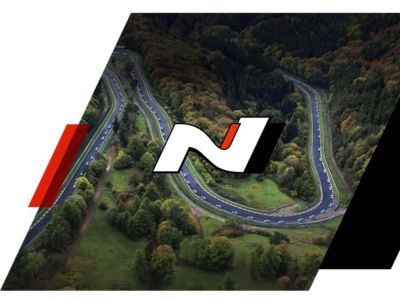 The Hyundai N badge with a racetrack in the background.