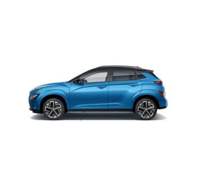 Side view of the new Hyundai Kona Electric compact SUV with its sporty silhouette.