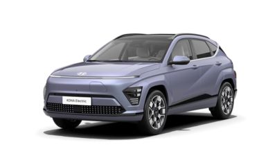 Hyundai KONA Electric SUV, framifrån i sned vinkel, ljusblå.