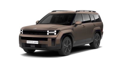 Hyundai SANTA FE Plug-in Hybrid SUV, framifrån i sned vinkel, matt mässing.