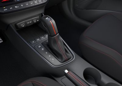 The specially-designed gear shift inside the Hyundai i20 N Line.