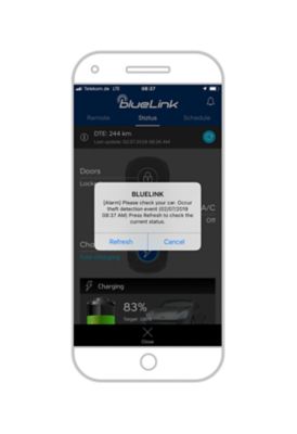Vista en detalle de la aplicación Hyundai Bluelink® con la notificación push de alerta de robo.