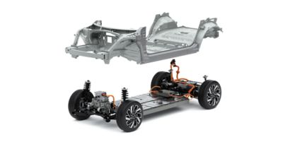 Het frame, de elektromotoren en het batterijpakket van Hyundai’s Electric-Global Modular Platform (E-GMP).