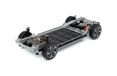 Three-quarter view of the Electric Global Modular Platform with battery, wheels and chassis.
