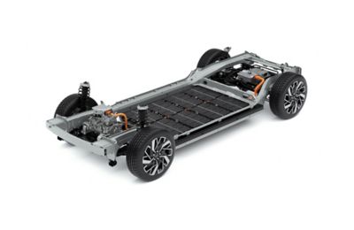 Vue de trois quarts de la plate-forme modulaire E-GMP avec la batterie, les roues et le châssis.