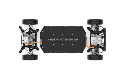 Top-down view of the Electric Global Modular Platform showing the battery, wheels and chassis.