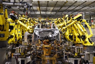 A Hyundai KONA Electric SUV shown in the factory.