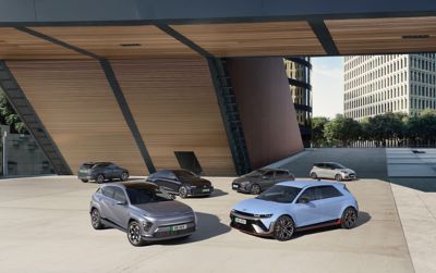 Hyundai range of vehicles parked outside a building