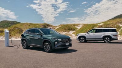 Hyundai Tucson Plug-in Hybrid in green parked next to  Hyundai Tucson Plug-in Hybrid N Line in white.