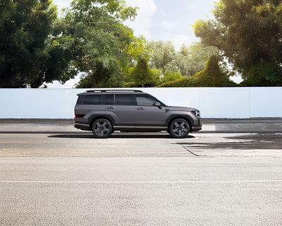 Hyundai SANTA FE Hybrid garé sous le soleil, dans la rue.